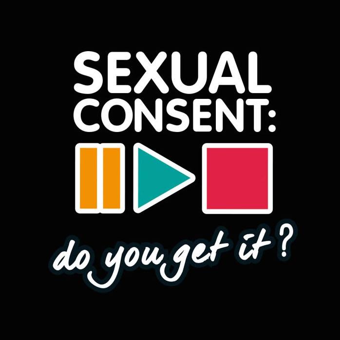 Text says "Sexual Consent: do you get it?" the the pause play and stop symbols.