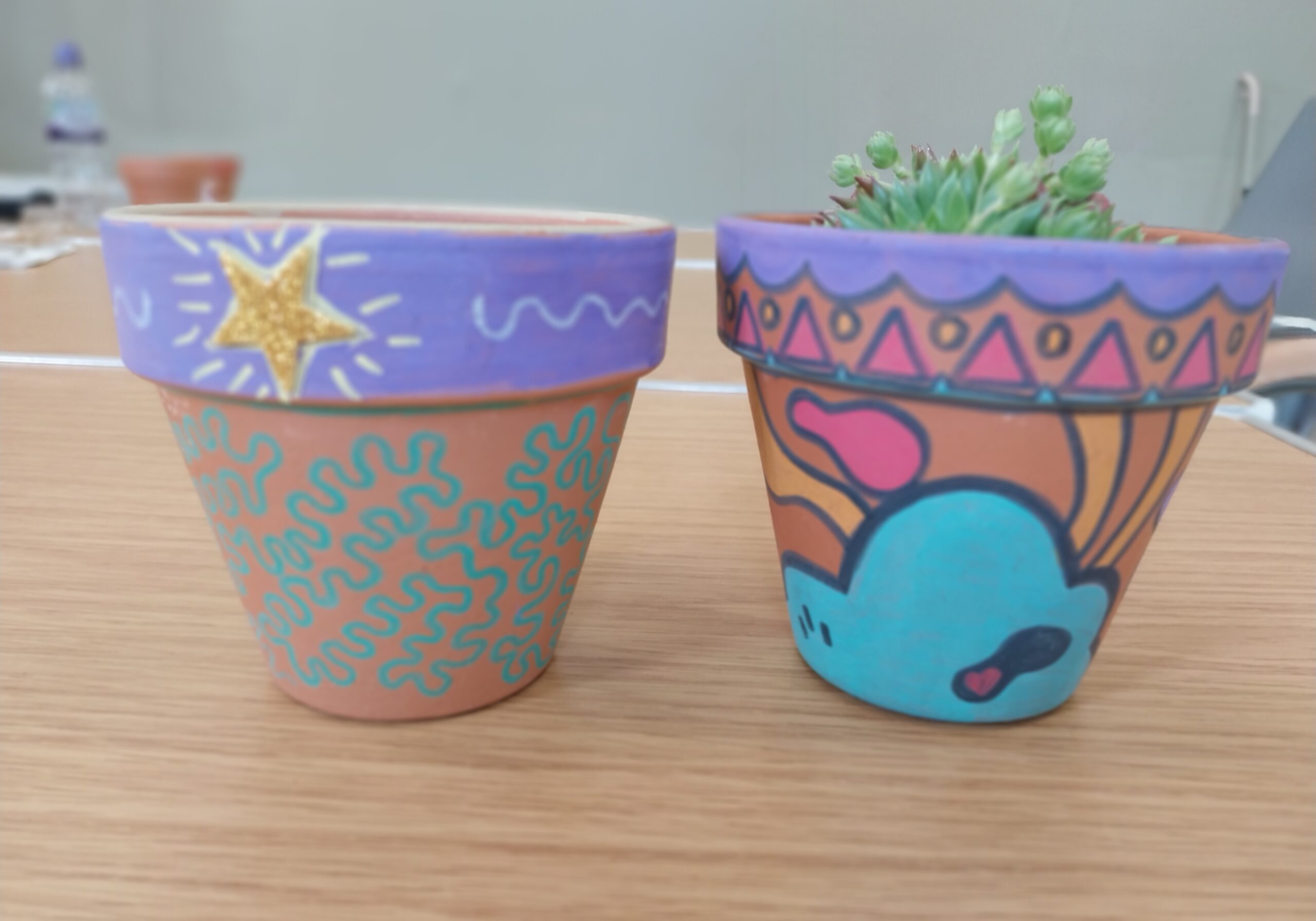 Two terracotta plant pots on a table. The pot on the left has been decorated with blue squiggly lines and a purple trim with yellow star. The pot on the right has been decorated with different shapes and patterns, including triangles, dots and lines using blue, yellow, red and purple.