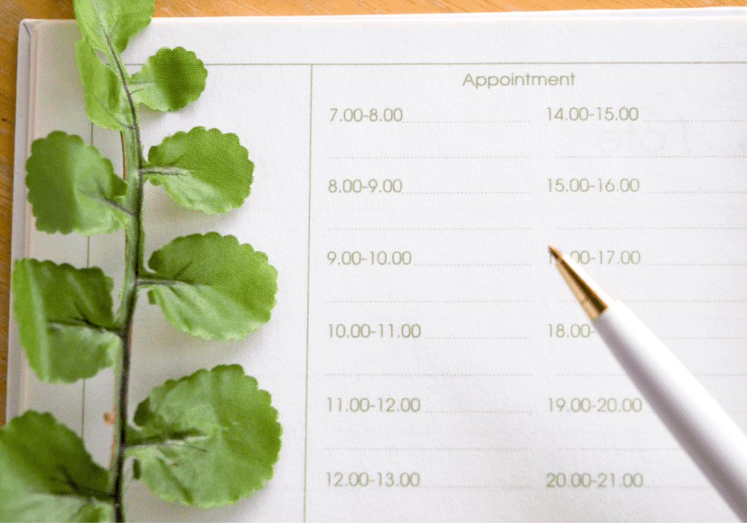 A paper calendar with a pen and a fake plant.