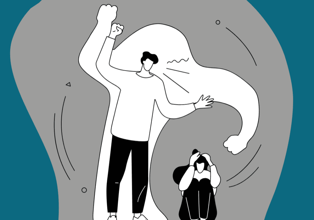 A cartoon image of a man shouting at a women. She is sitting on the floor and he is above her. There is a silhouette of fists behind him.
