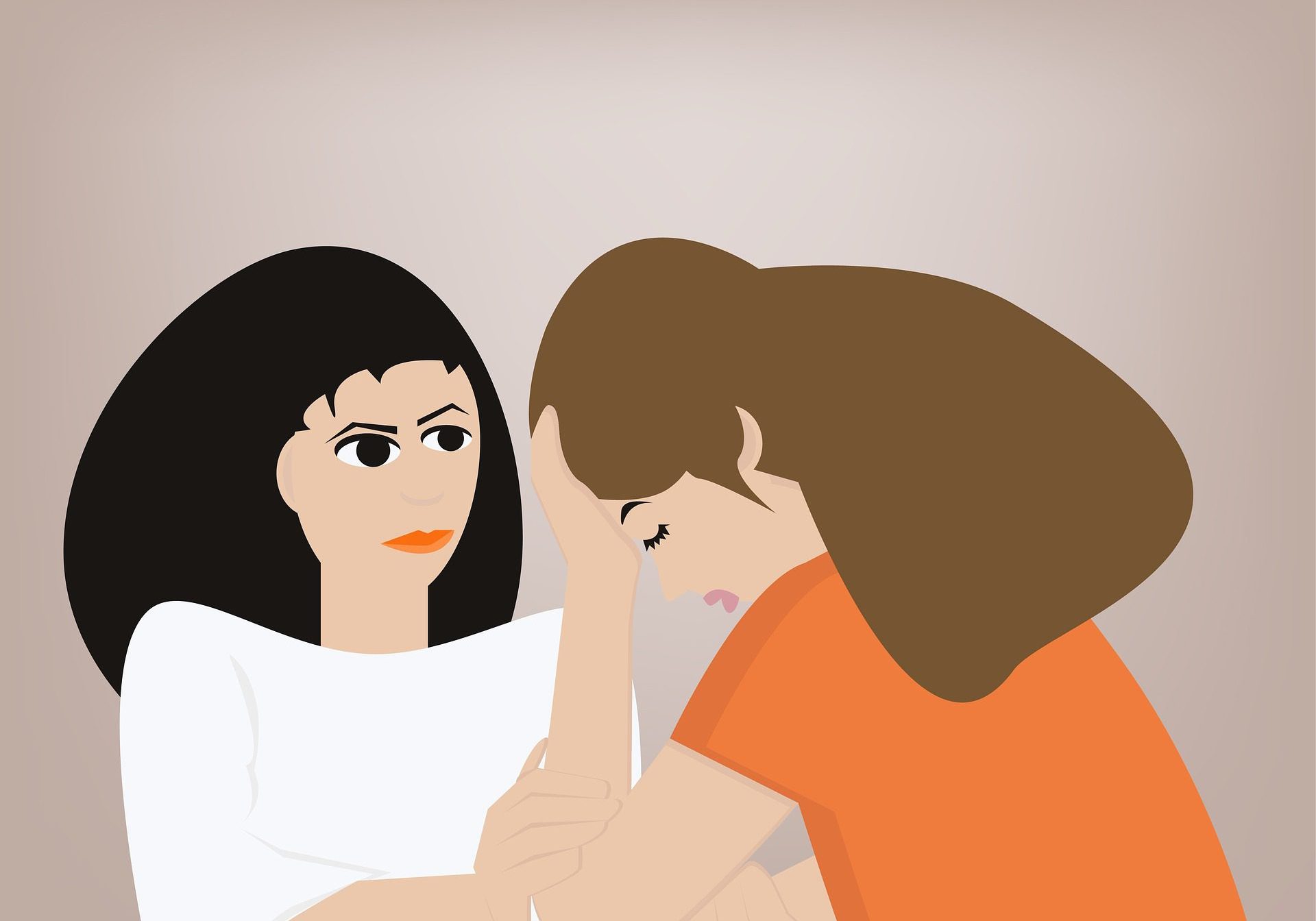A cartoon of a woman with long black hair comforting a woman who has her head in her hands.
